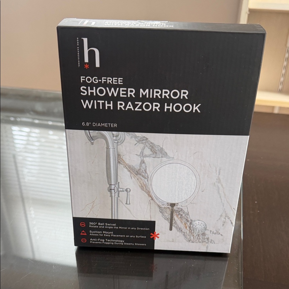 BRAND NEW, UNOPENED. Fog-Free Shower Mirror with Razor Hook - Black